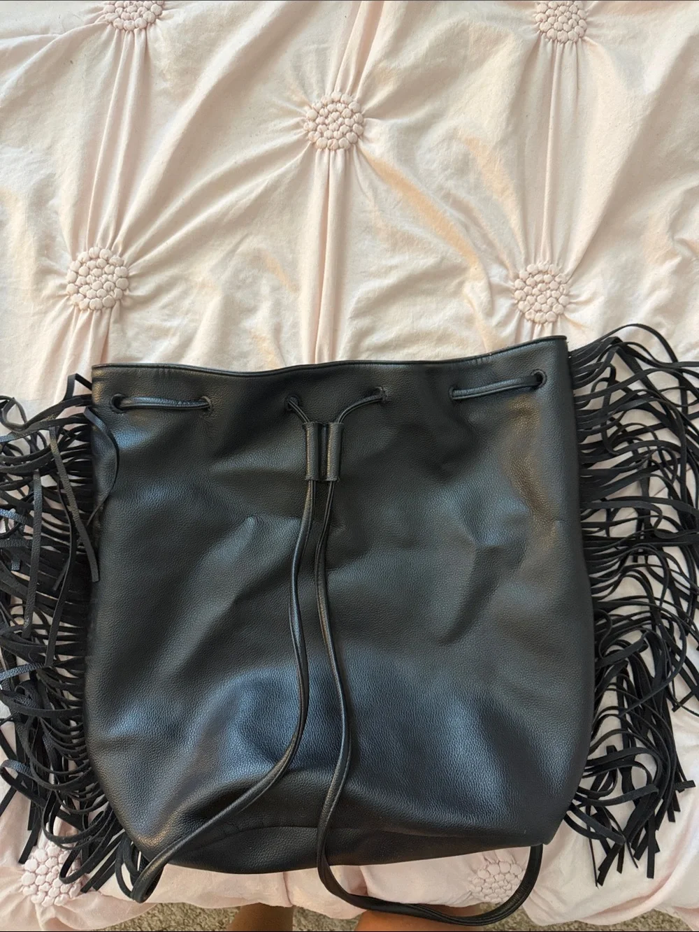 Victoria's Secret Black Fringe Drawstring Tote